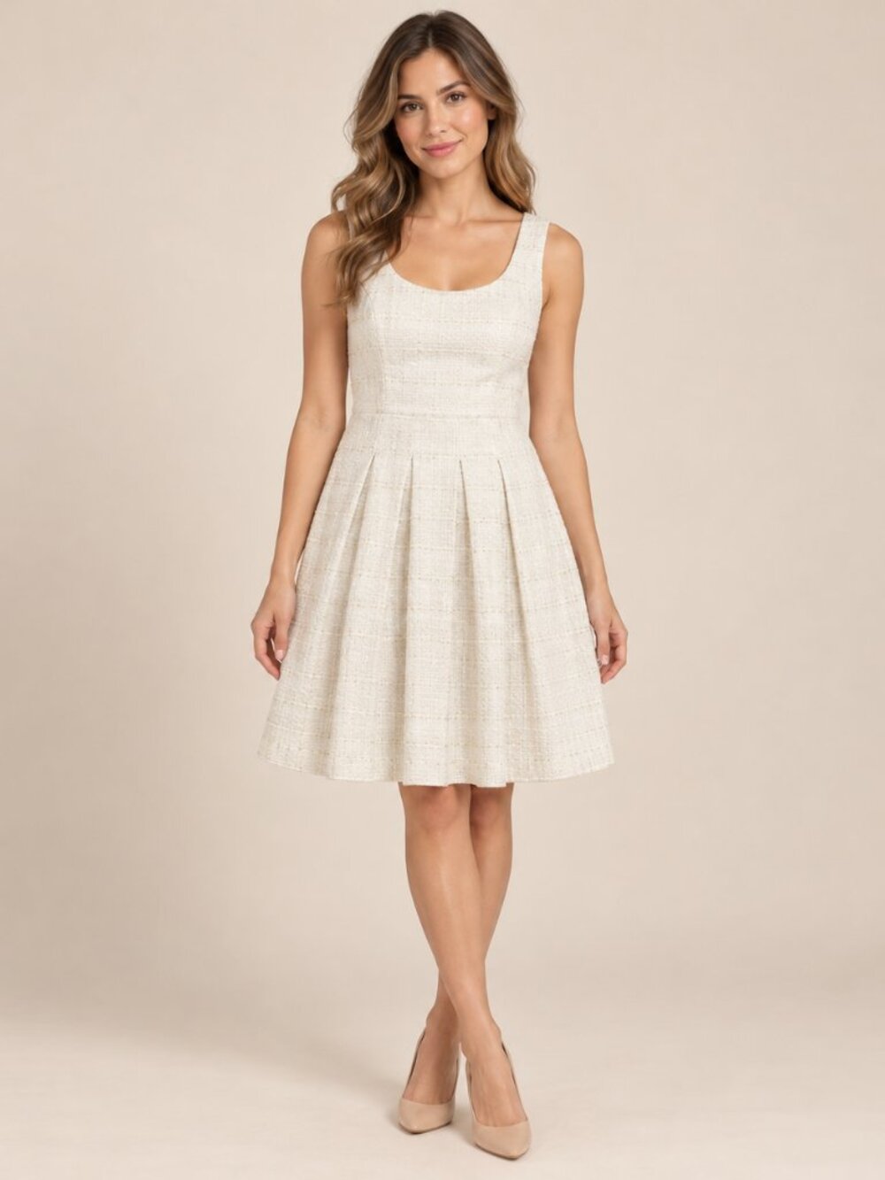 Flossy Ivory Bouclé Fit & Flare Dress Size Small 0859